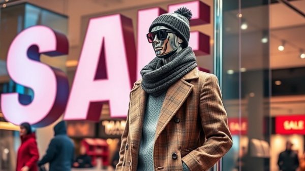Mannequin in winter wear by 'Sale' sign during Black Friday.