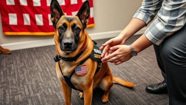 2025 Hero Dog Award winner being petted, wearing a badge and vest.