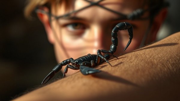Black scorpion on arm under focused gaze, scorpion venom breast cancer treatment.
