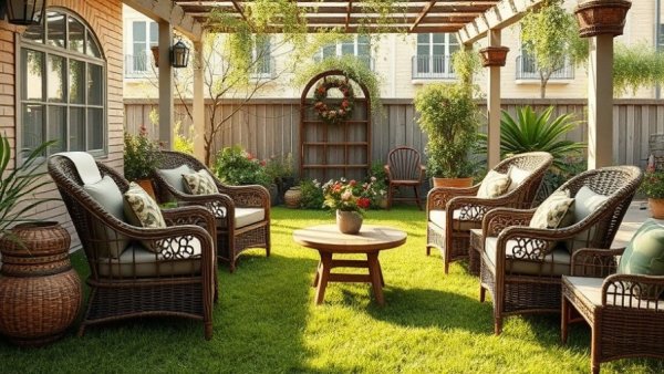 Organic Farmstay Punjab setting with wicker seating and green lawn.