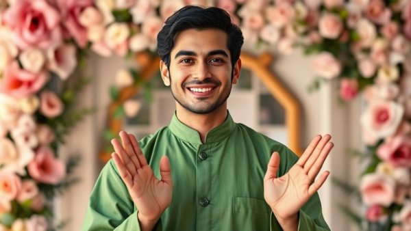 Smiling man in traditional outfit with floral background