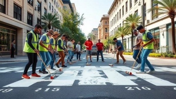 Volunteers engaging in guerrilla crosswalk painting in Los Angeles