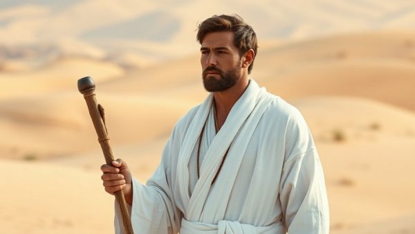 Serene man in white robes with staff, thoughtful in desert.