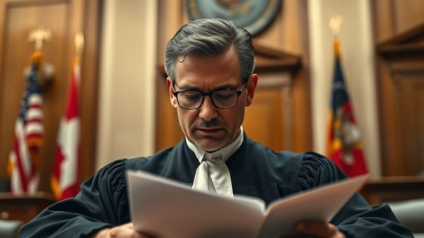 Judge reviewing documents in courtroom, positive news stories.