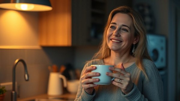 Woman experiencing relief in kitchen after restoring power, holding a cup.