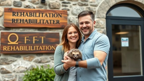 Hedgehog rehabilitation entrepreneurs holding a hedgehog.