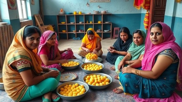 Women participating in Korea Modak Ladoo initiative, preparing sweets in a community setting.