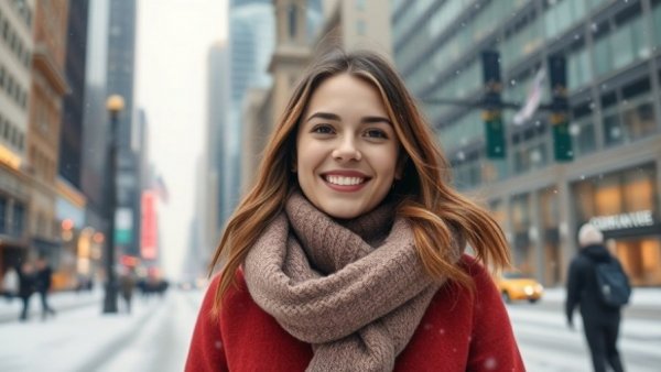 Isabella Farr smiling in a snowy urban setting.