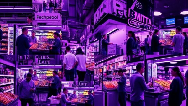 Collage of local businesses supporting immigrants, grocery scenes, purple tint.