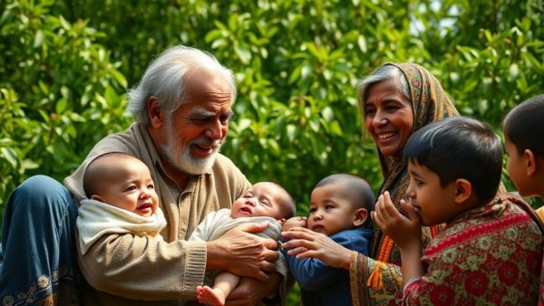 Caring elder with infants at HIV-positive children shelter, kids gather with woman offering tradition.