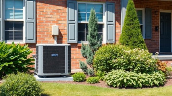 New England heat pump installation outside brick house with greenery.