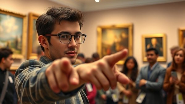 Confident young man pointing in an art gallery, positive business news.