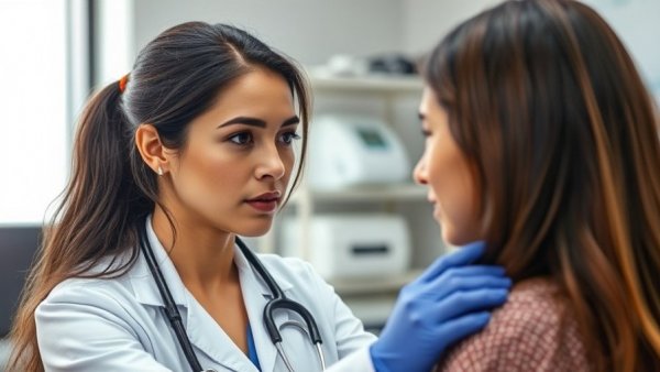 Doctor examines woman's thyroid health during pregnancy.