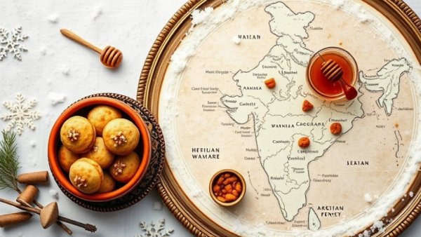 Traditional Indian winter recipes with cookies and a map of regional dishes.