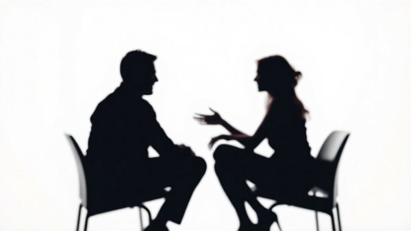 Silhouetted figures in conversation, blurred meeting scene.