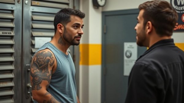 Metallica scholarship impact: tattooed man in deep conversation indoors.