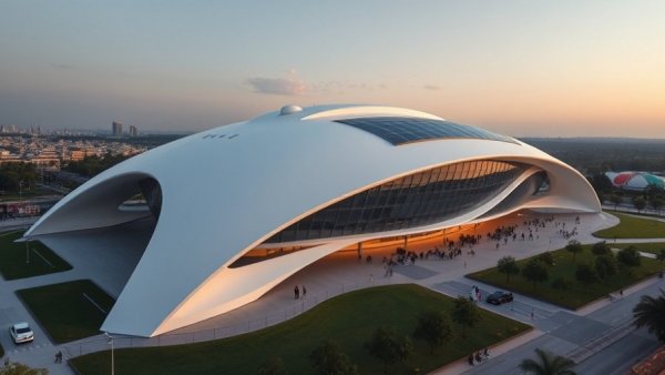 Futuristic design of George Lucas Museum, opening in 2026, aerial view.