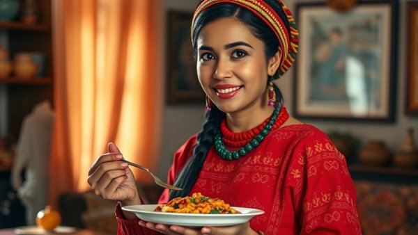 Damu's Heritage Dine millet momos served by a woman in traditional attire.