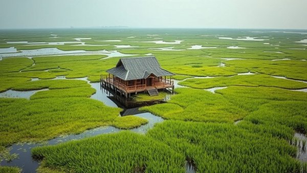 Floating school in Loktak Lake surrounded by lush greenery.