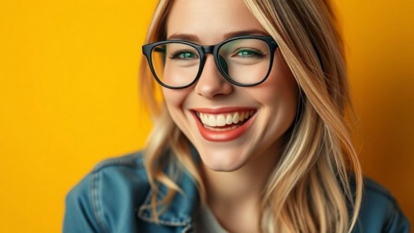 Katie Krzaczek smiling in front of a yellow background, denim jacket.