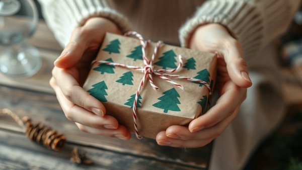 Eco-friendly gift wrapping with brown paper and red-white strings.