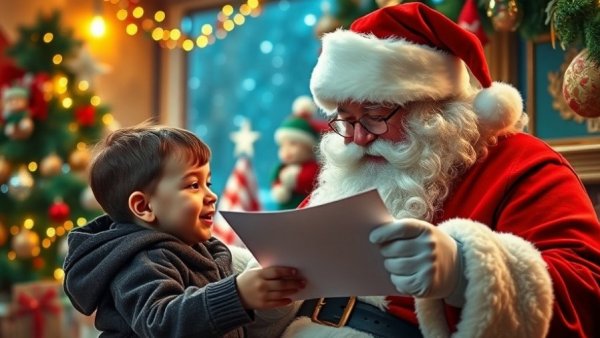 Diverse Professional Santas interacting warmly with children in festive setting.