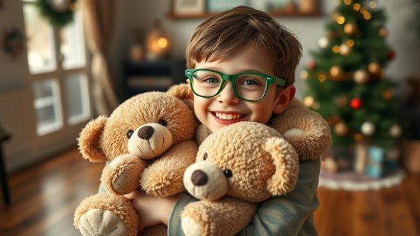 Young boy with Jack's Bravery Bears surrounded by teddy bears.