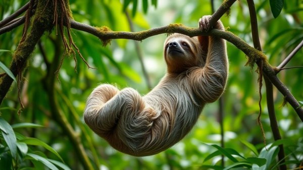 Relaxed sloth hanging in a lush jungle, positive business news.