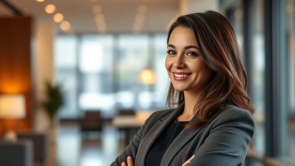 Confident woman smiling in a modern office setting, exemplifying kindness in business.