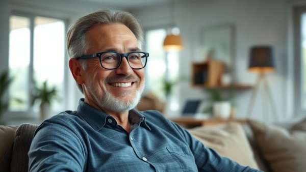 Middle-aged man smiling in living room, daily habits for health