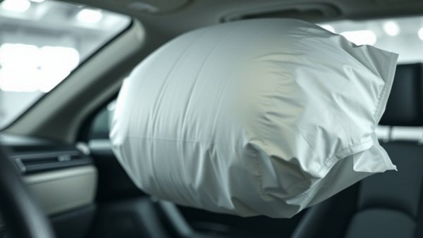 Deployed airbag inside vehicle, showing dashboard and steering wheel.