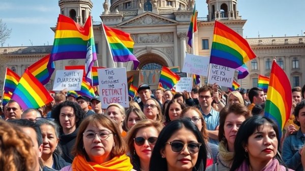 Protesters with rainbow flags advocating LGBTQ+ rights, preserving LGBTQ+ history.