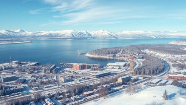 Aerial view of snowy coastal cityscape and mountains, safest country in 2025.