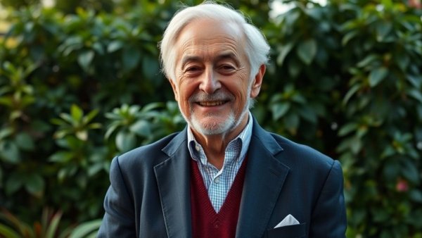 Elderly man smiling in garden, renewable energy impact.