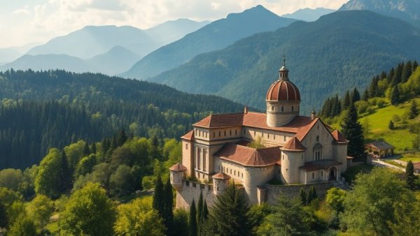 Historic monastery set in lush green landscape, aerial view.