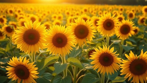 Field of sunflowers in full bloom under golden light, highlighting winter crops.