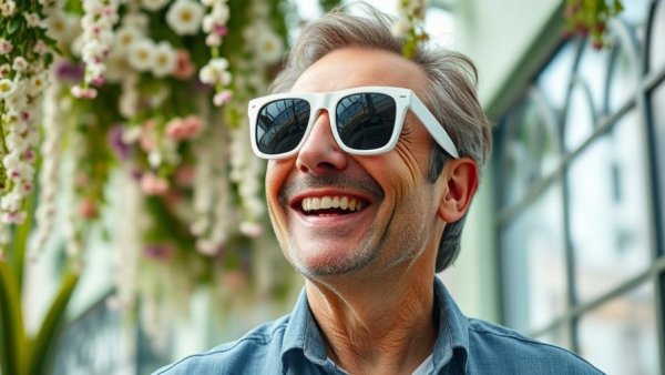 Cheerful man in large glasses with floral background indoors.