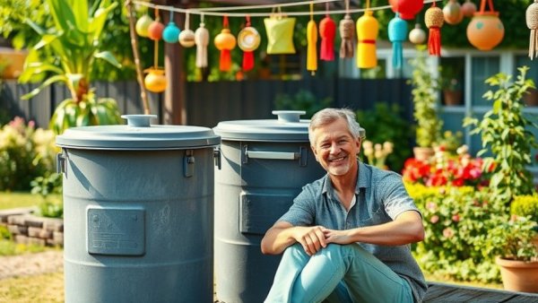 Cheerful person with off-grid washing machines in a sunny garden scene.