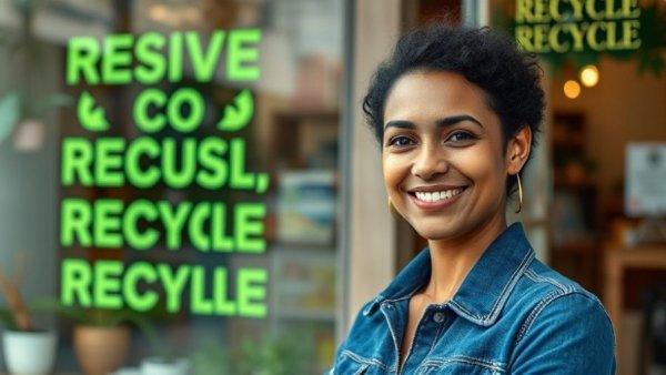 Eco shop promoting roadmap for ending plastic pollution with smiling woman.