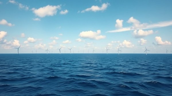 Calm sea with distant wind turbines under a cloudy sky, North Sea.