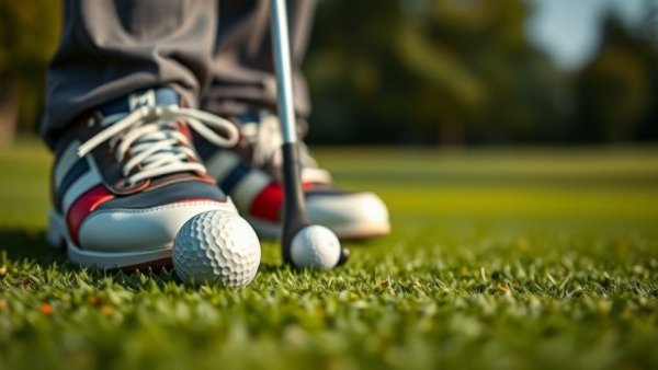 Golfer with purple and white shoes putting golf ball, zero waste tournament.