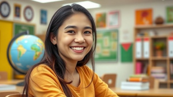 Young teacher smiling in a colorful classroom setting