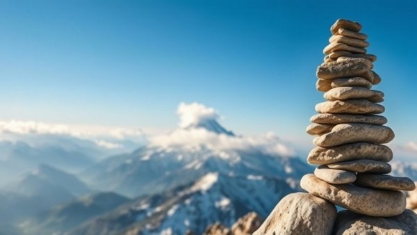 Uplifting News Stories: serene stone cairn on snowy mountain peak.