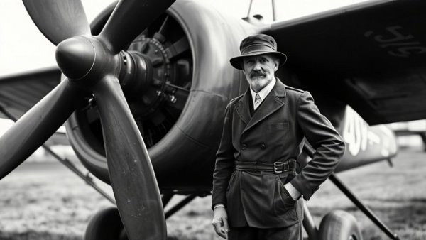 Clyde Cessna's aviation legacy: man with vintage aircraft propeller.