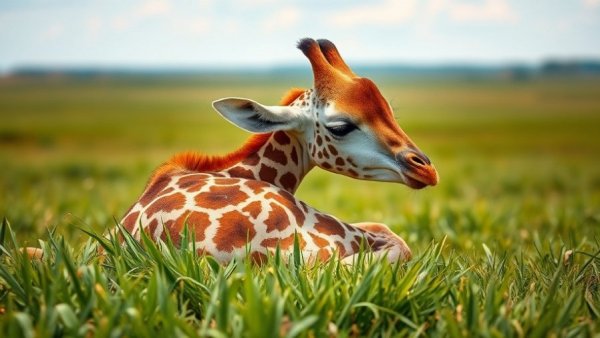 Giraffe sleeping patterns: Giraffe resting in grassy field.