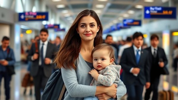 Mother confidently carrying toddler in airport while traveling with toddlers.