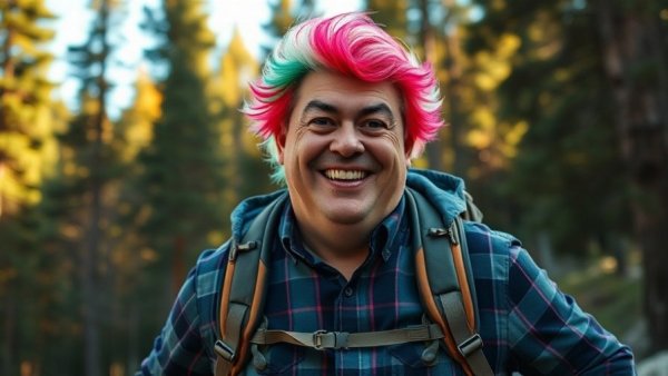 Pattie Gonia fundraising hiking in drag through scenic forest.