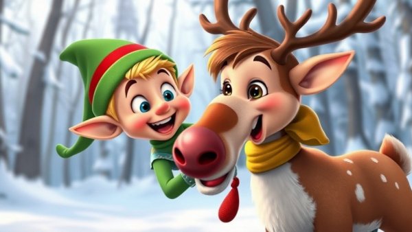 Animated elf and reindeer in snowy forest, vibrant and joyful, Good News in History December 6.