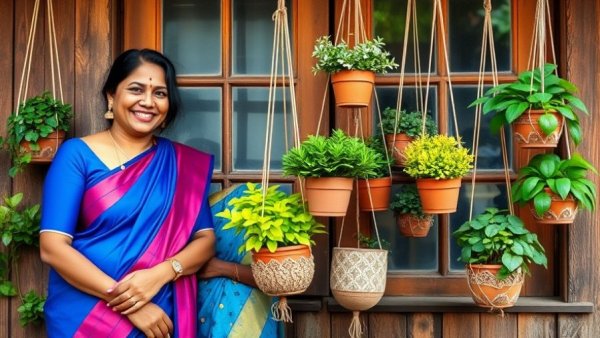 Upcycled waste gardening in Kerala with traditional attire and creative plant displays.