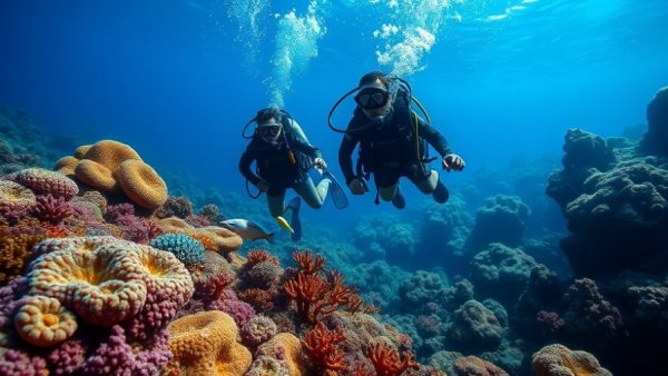 Scuba divers using underwater tool to identify fish sounds near reef.